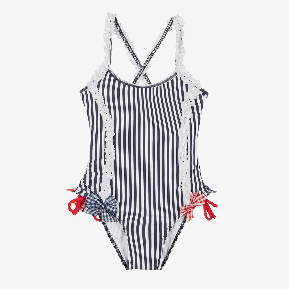 Selini Action - Blue Stripe Ruffle Swimsuit | Childrensalon