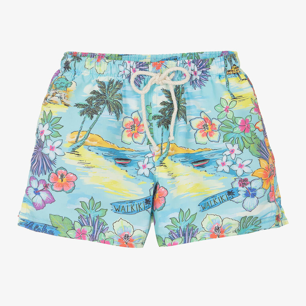 Selini Action Boys Blue Tropical Print Swim Shorts Childrensalon Outlet