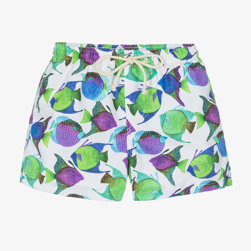 Selini Action - Boys White Fish Print Swim Shorts | Childrensalon