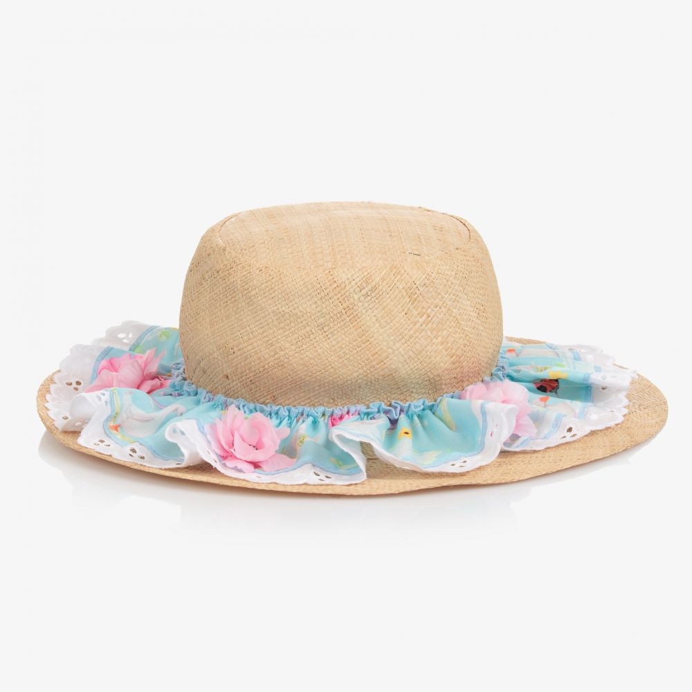 Selini Action - Girls Beige & Blue Straw Hat | Childrensalon