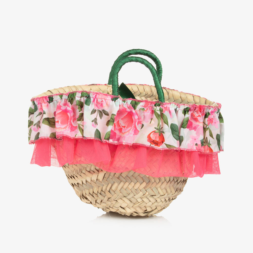 Selini Action-Girls Beige Floral Straw Handbag (20cm) | Childrensalon Outlet