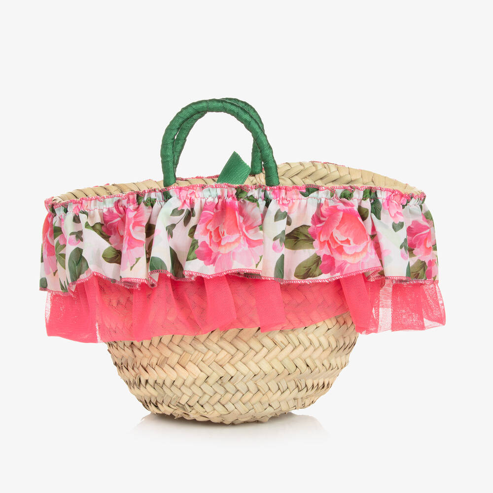 Selini Action-Girls Beige Floral Straw Handbag (20cm) | Childrensalon Outlet