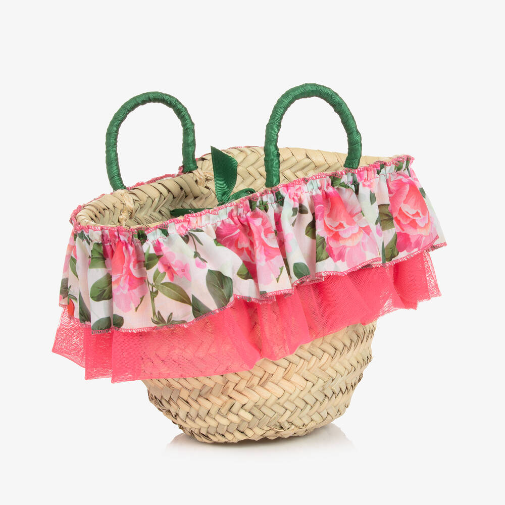 Selini Action-Girls Beige Floral Straw Handbag (20cm) | Childrensalon Outlet