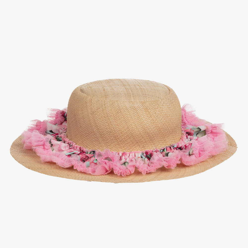 Selini Action - Girls Beige Straw Hat with Floral Trim | Childrensalon