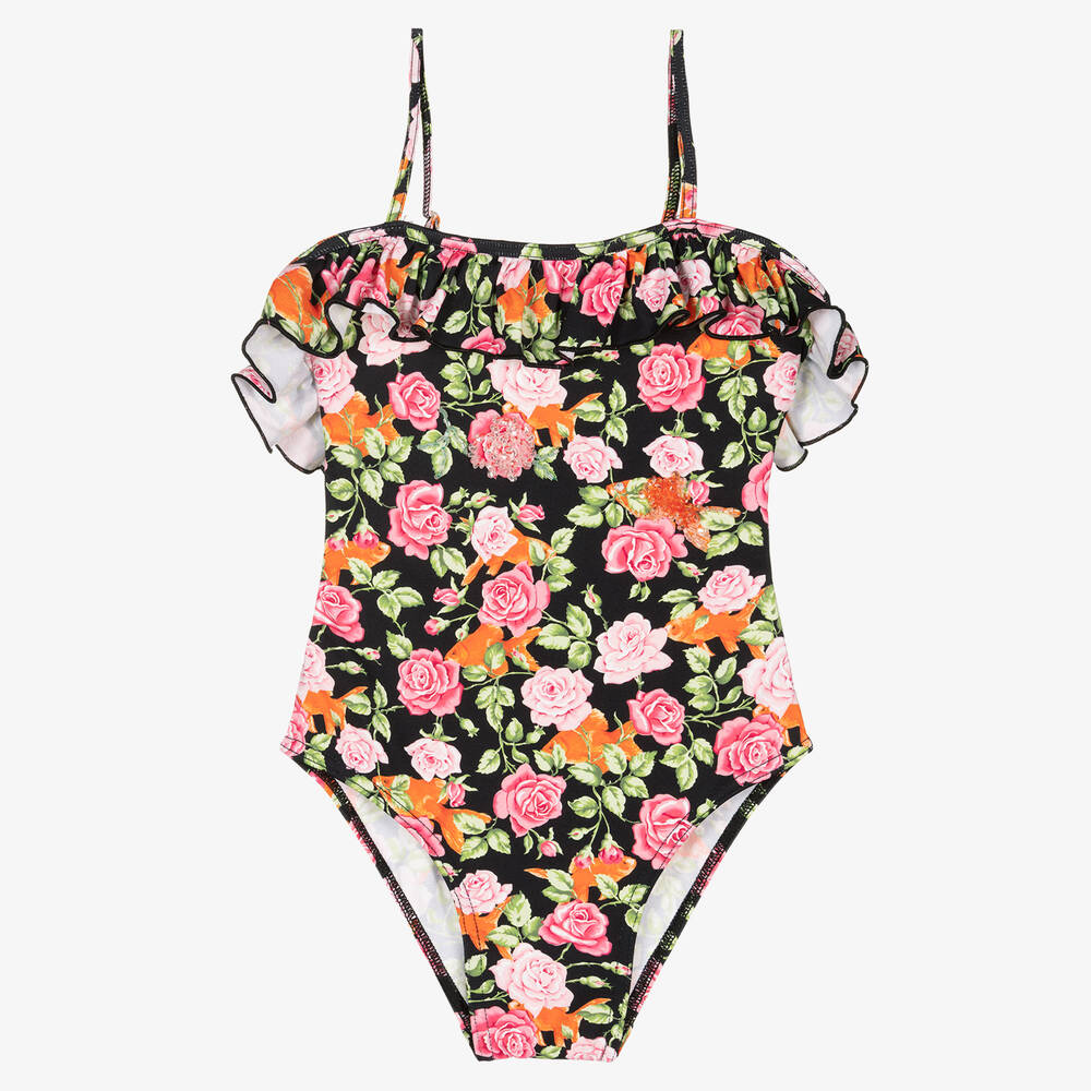 Selini Action - Girls Black Floral Swimsuit | Childrensalon