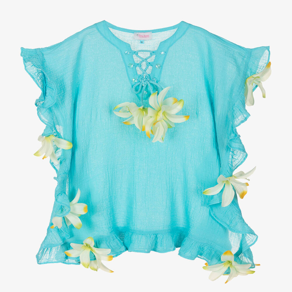 Selini Action - Girls Blue Cotton Flower Kaftan | Childrensalon