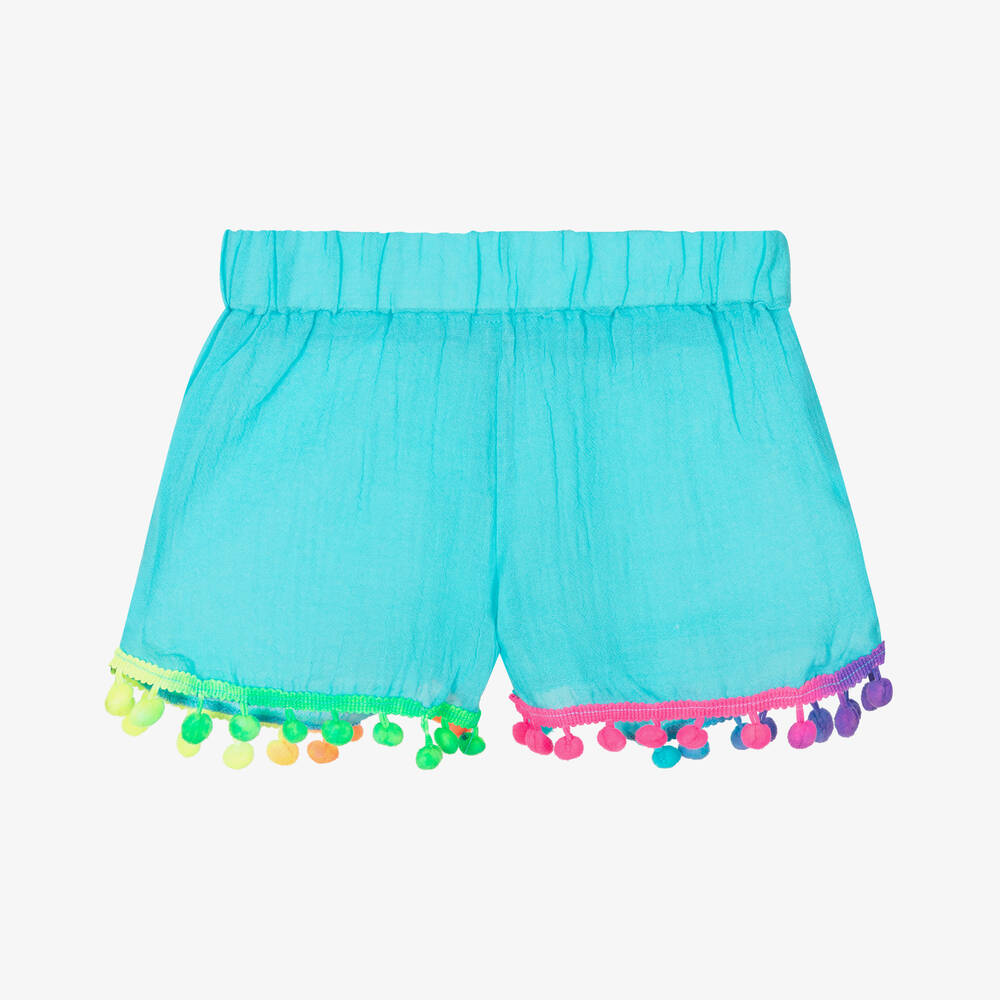 Selini Action - Girls Blue Cotton Pom-Pom Shorts | Childrensalon