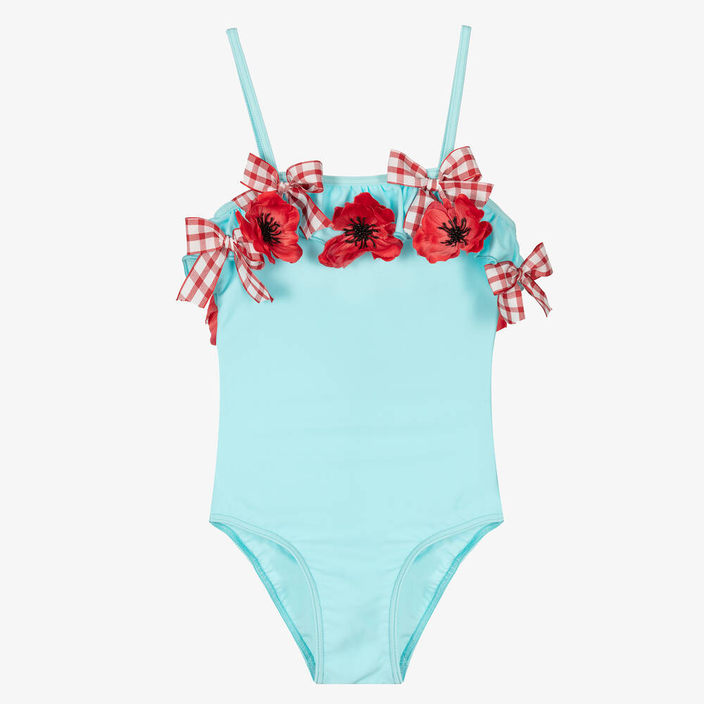 Selini Action - Girls Blue Flowers & Bows Swimsuit | Childrensalon