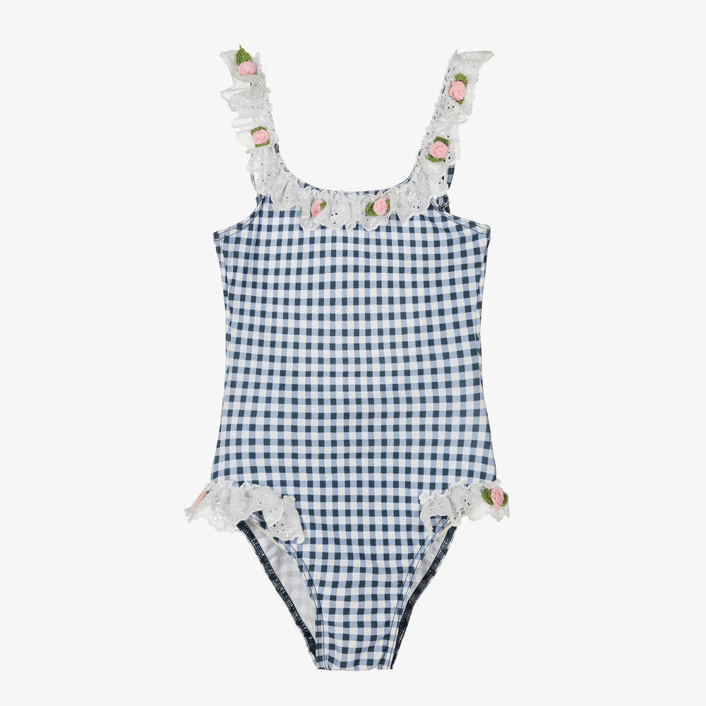 Selini Action - Girls Blue Gingham Swimsuit | Childrensalon