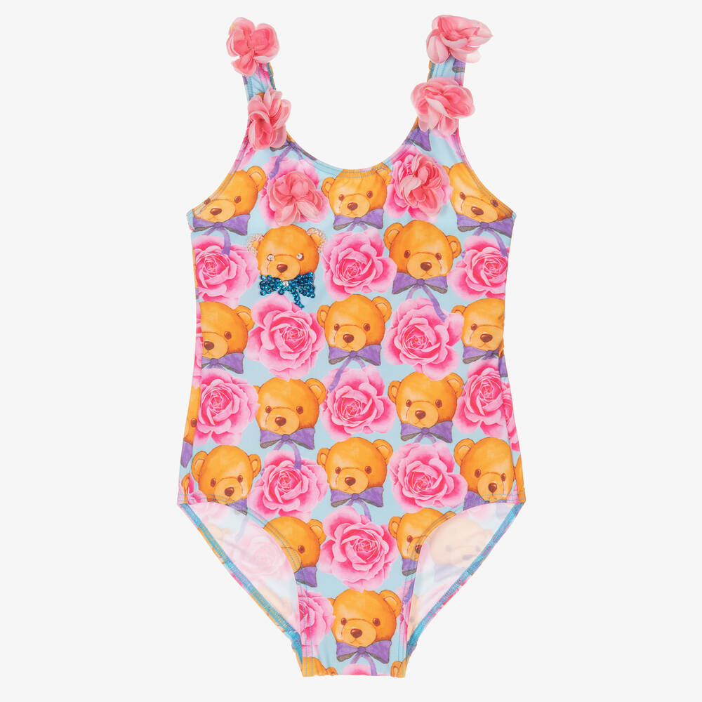 Selini Action - Girls Blue & Pink Teddy Print Swimsuit | Childrensalon