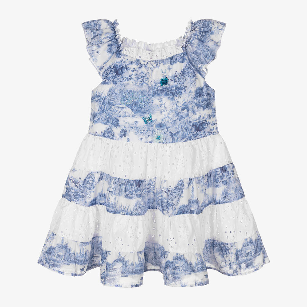 Selini Action - Besticktes Toile-de-Jouy-Kleid blau | Childrensalon