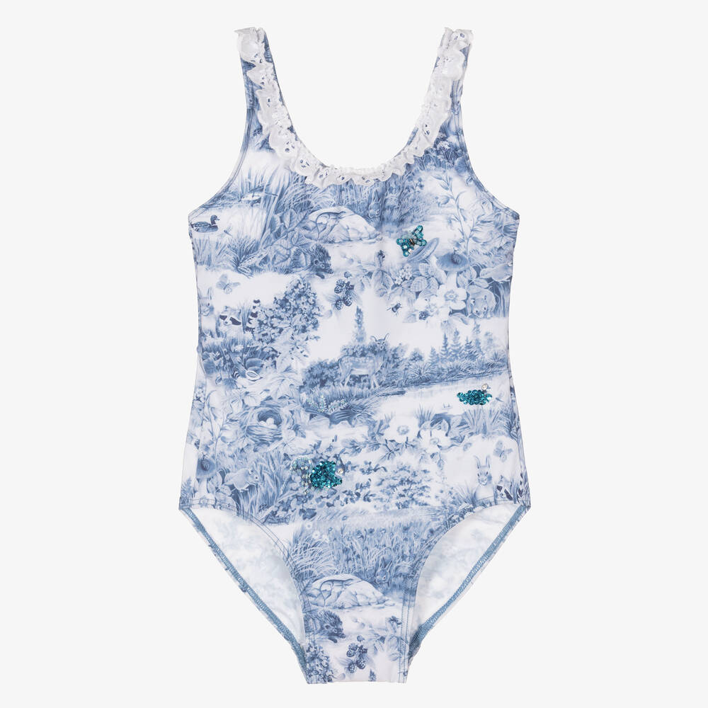 Selini Action - Maillot de bain bleu toile de Jouy | Childrensalon