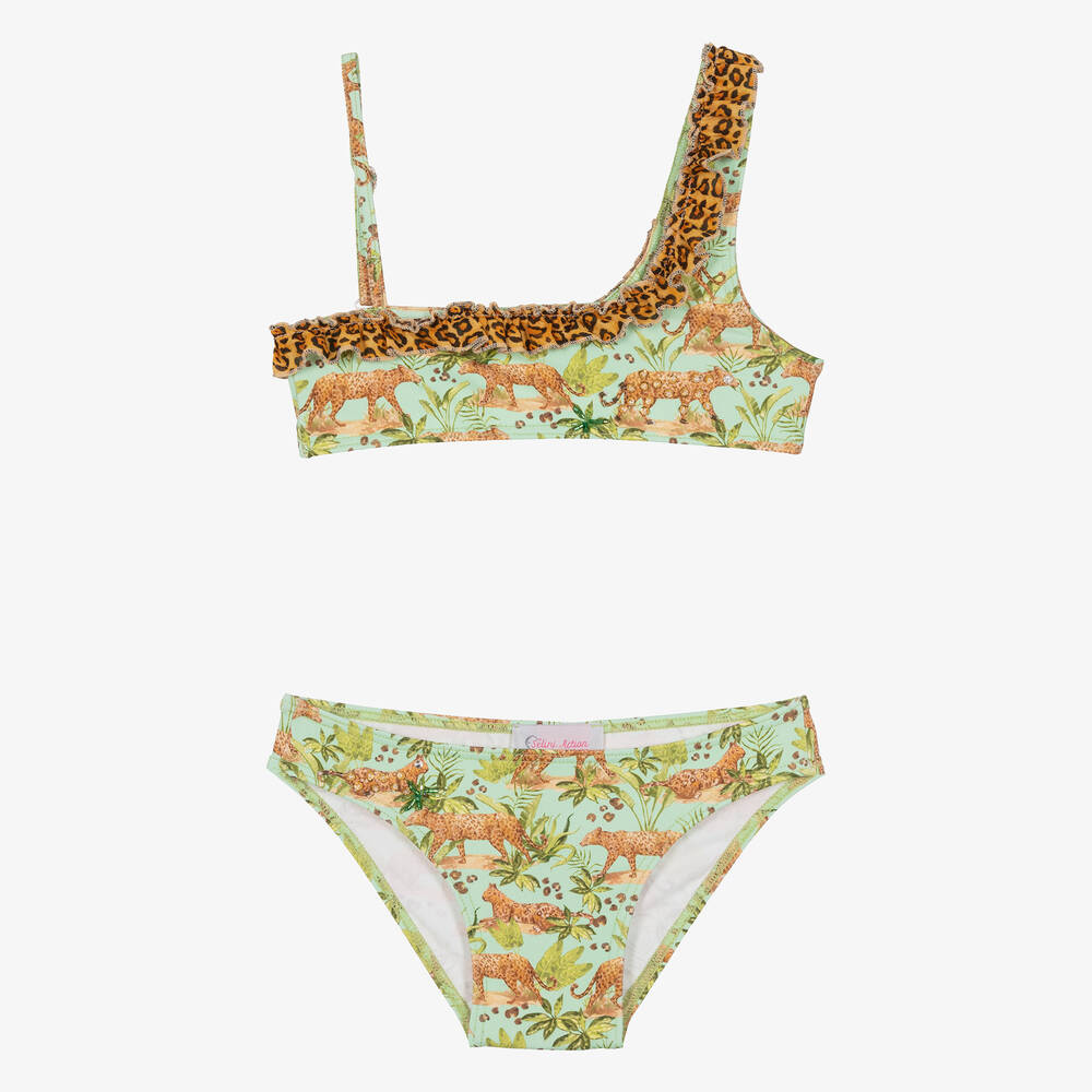 Selini Action - Girls Green & Beige Leopard Bikini | Childrensalon