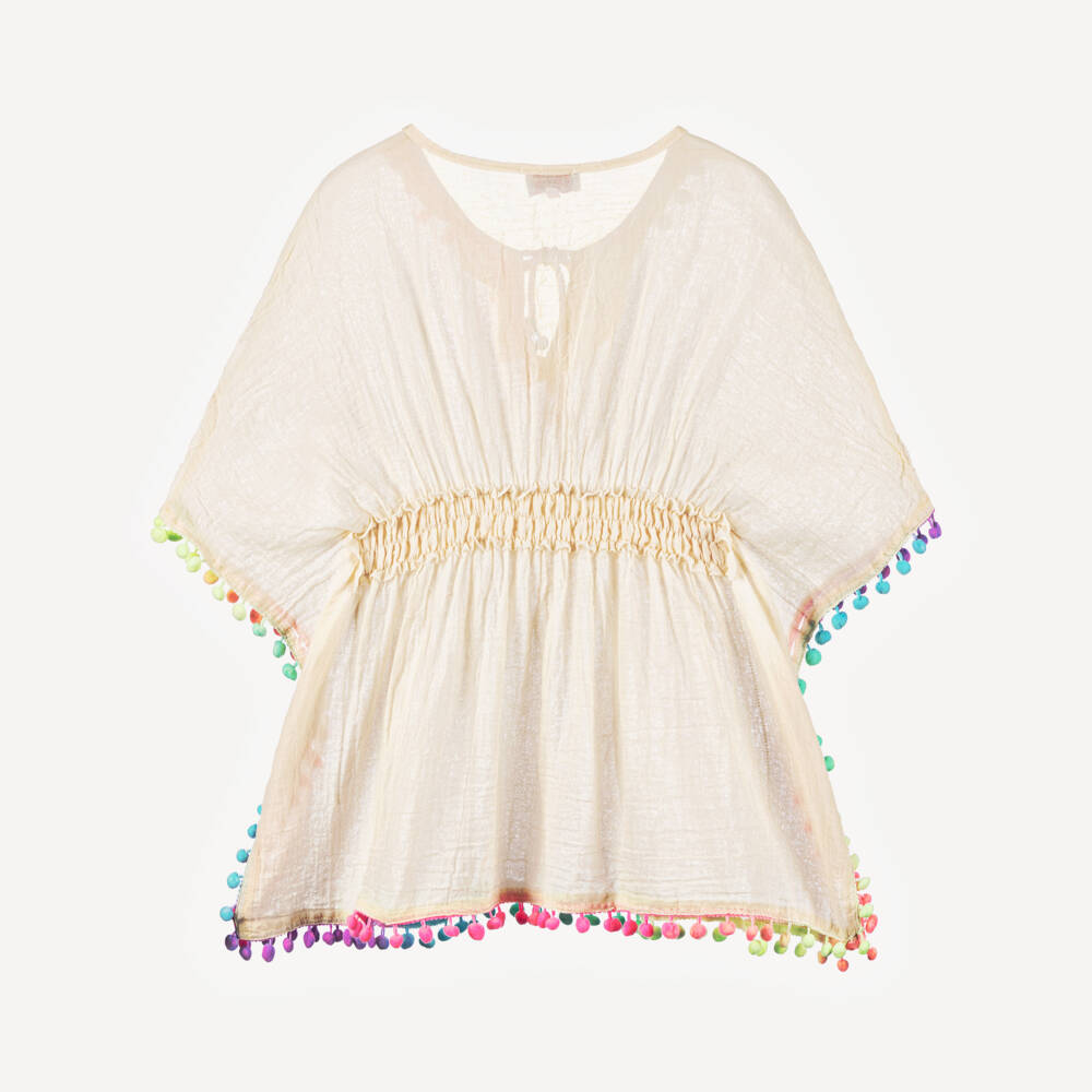 Selini Action-Girls Ivory Pom-Pom Cotton Kaftan | Childrensalon Outlet
