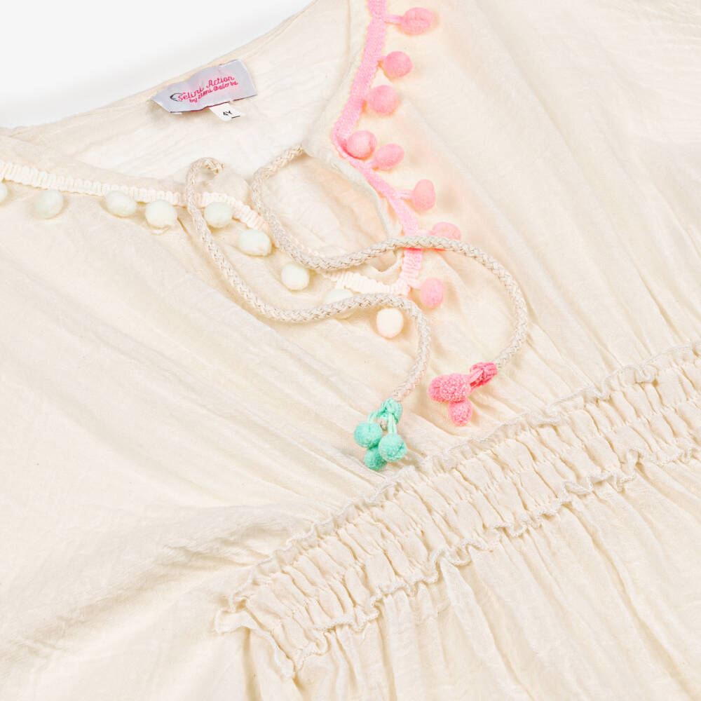 Selini Action-Girls Ivory Pom-Pom Cotton Kaftan | Childrensalon Outlet