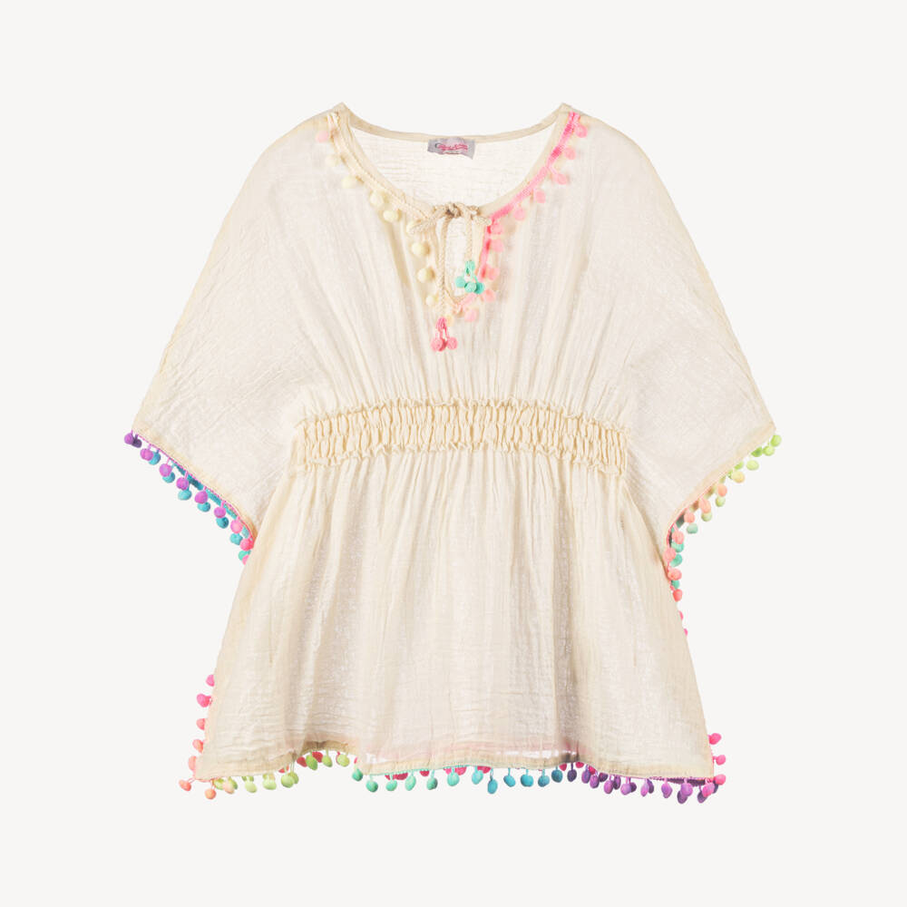 Selini Action-Girls Ivory Pom-Pom Cotton Kaftan | Childrensalon Outlet