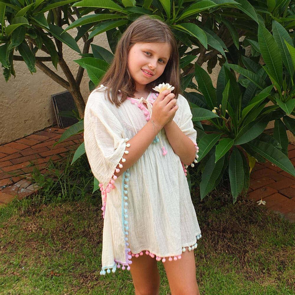 Selini Action-Girls Ivory Pom-Pom Cotton Kaftan | Childrensalon Outlet