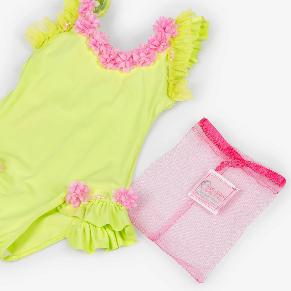 Selini Action-Girls Lime Green Swimsuit with Pink Flowers | Childrensalon Outlet