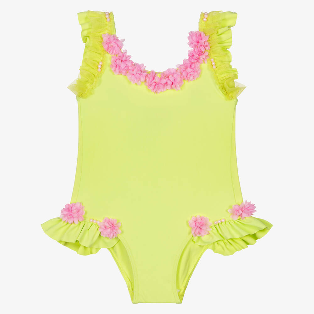 Selini Action-Girls Lime Green Swimsuit with Pink Flowers | Childrensalon Outlet