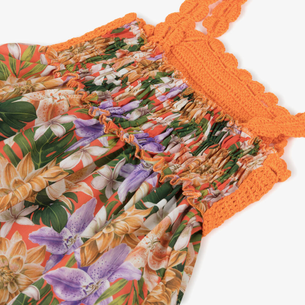 Selini Action-Girls Orange Crochet & Floral Print Dress | Childrensalon Outlet