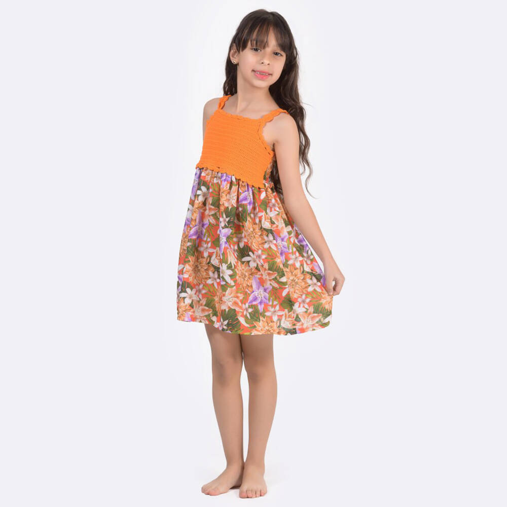 Selini Action-Girls Orange Crochet & Floral Print Dress | Childrensalon Outlet
