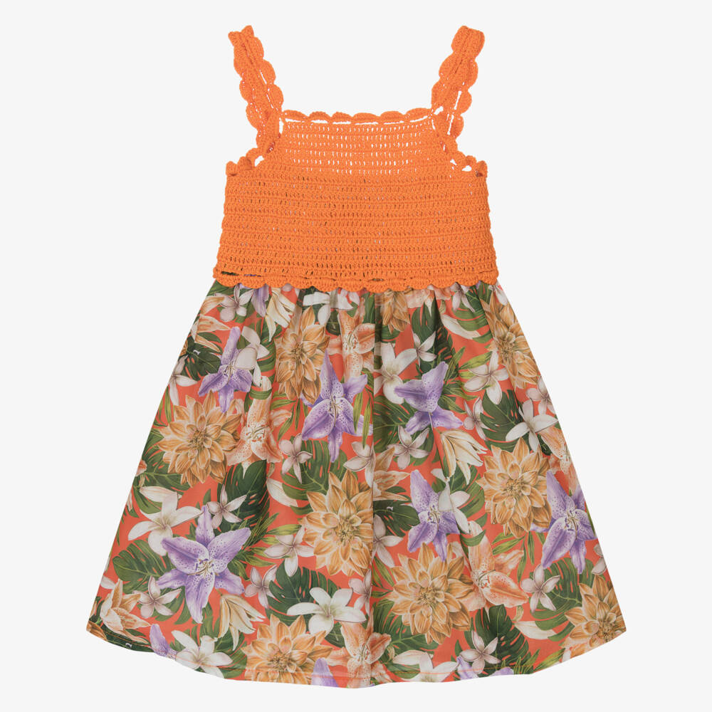 Selini Action-Girls Orange Crochet & Floral Print Dress | Childrensalon Outlet