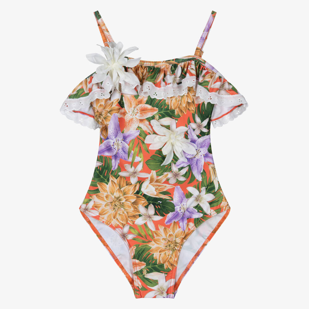 Selini Action-Girls Orange Floral Print & Ruffle Swimsuit | Childrensalon Outlet