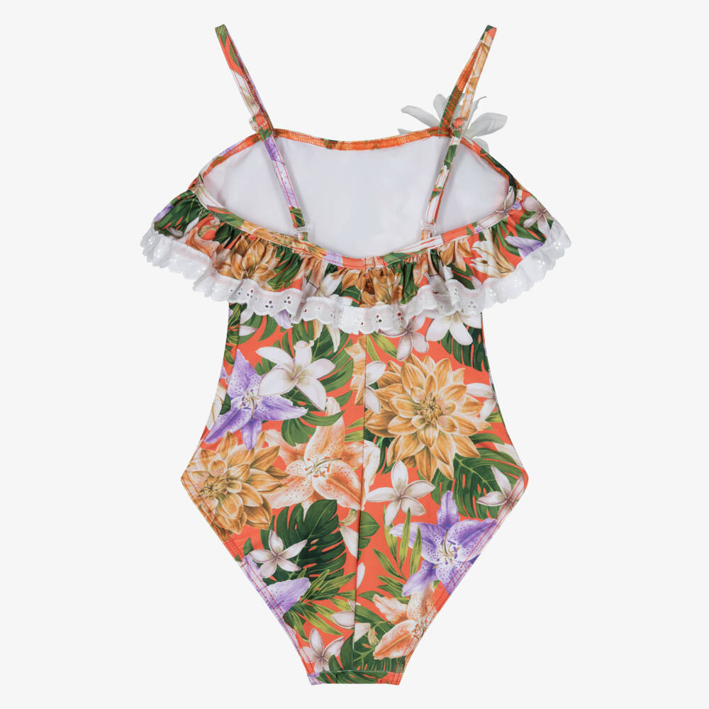 Selini Action-Girls Orange Floral Print & Ruffle Swimsuit | Childrensalon Outlet