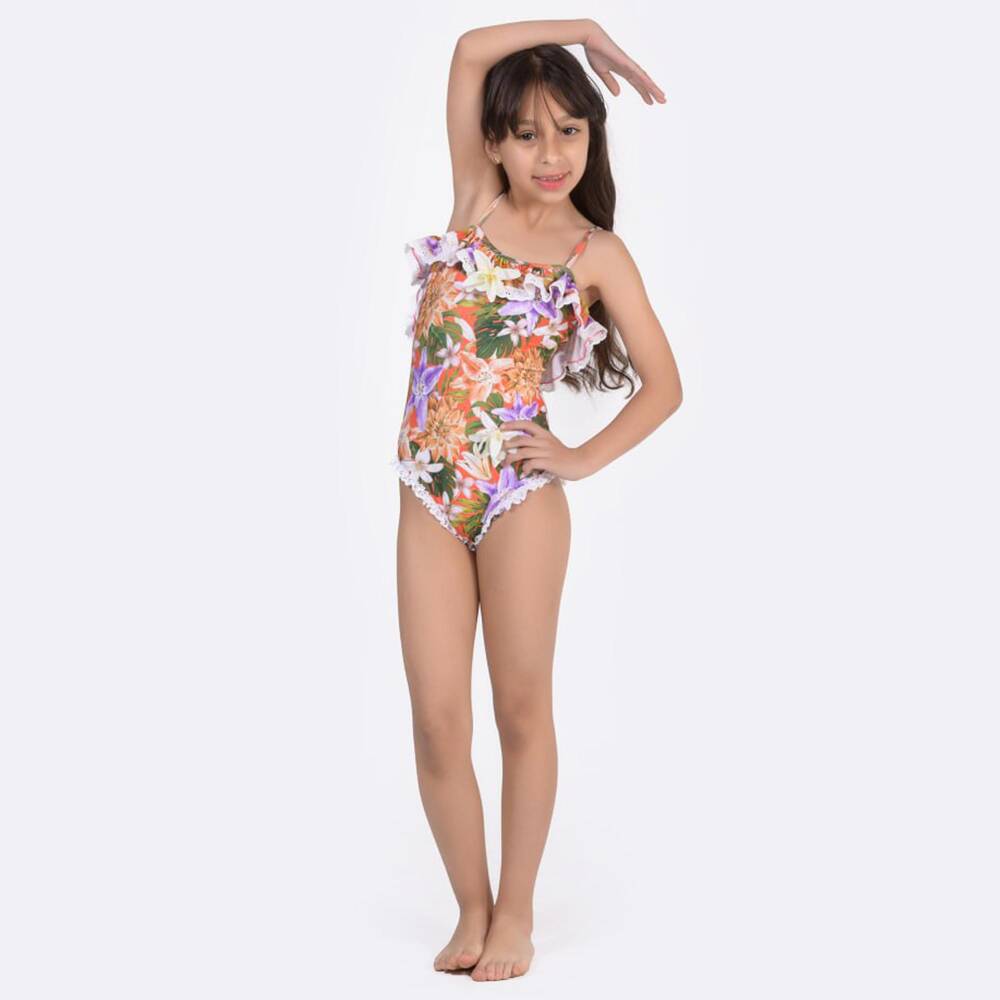 Selini Action-Girls Orange Floral Print & Ruffle Swimsuit | Childrensalon Outlet