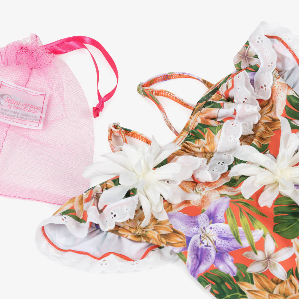 Selini Action-Girls Orange Floral Print & Ruffle Swimsuit | Childrensalon Outlet