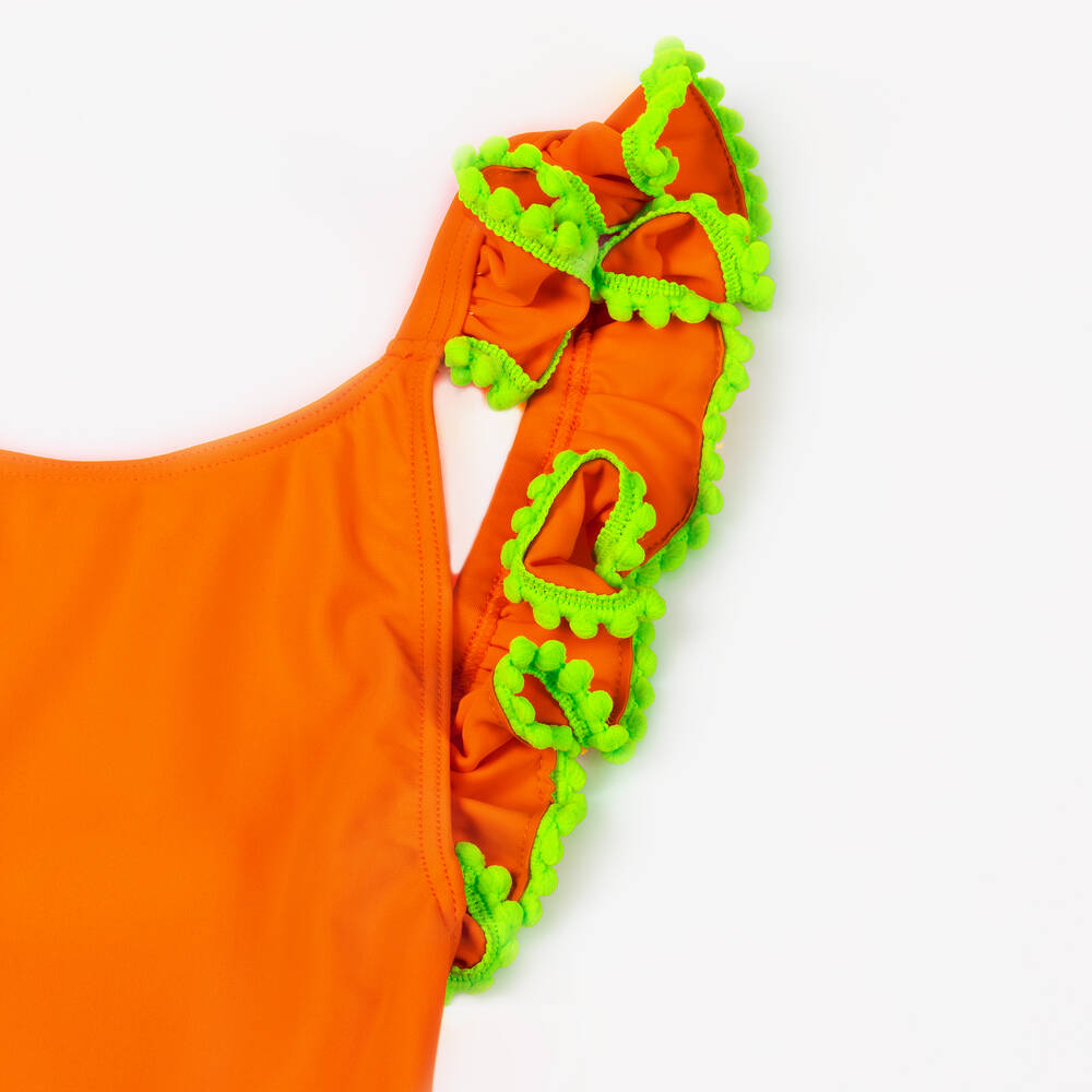 Selini Action-Girls Orange Ruffle & Green Pom-Pom Swimsuit | Childrensalon Outlet