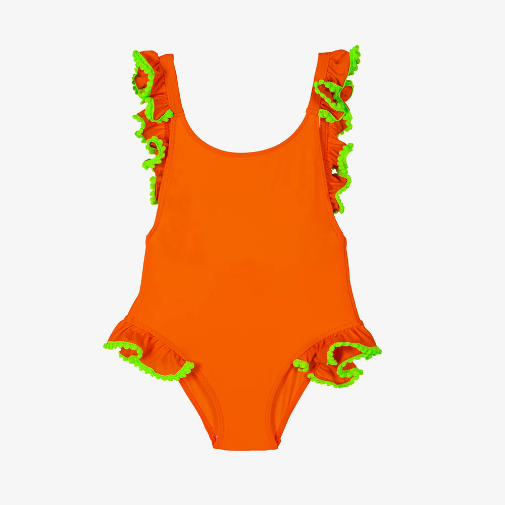 Selini Action-Girls Orange Ruffle & Green Pom-Pom Swimsuit | Childrensalon Outlet