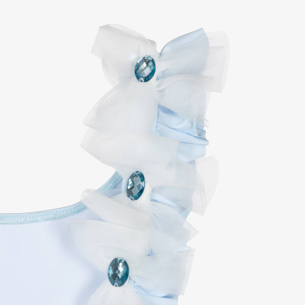 Selini Action-Girls Pale Blue Swimsuit with Tulle & Gemstone Bows | Childrensalon Outlet