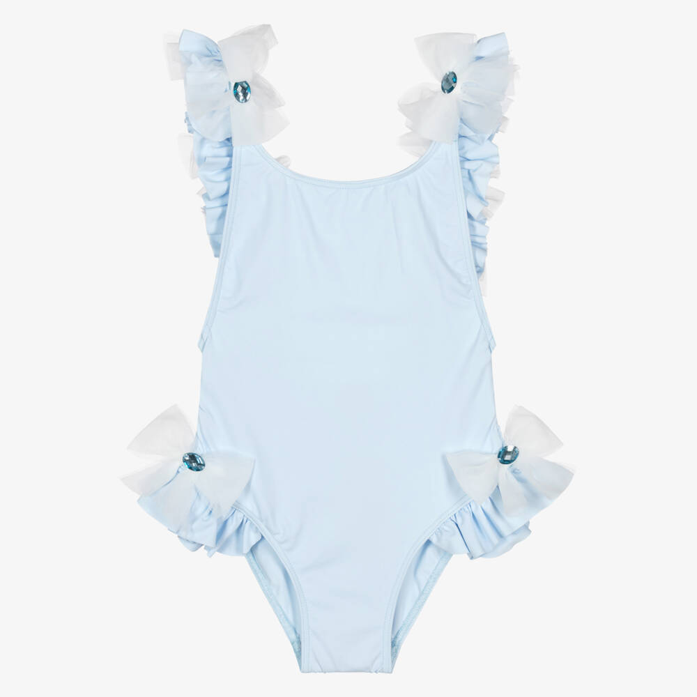 Selini Action-Girls Pale Blue Swimsuit with Tulle & Gemstone Bows | Childrensalon Outlet