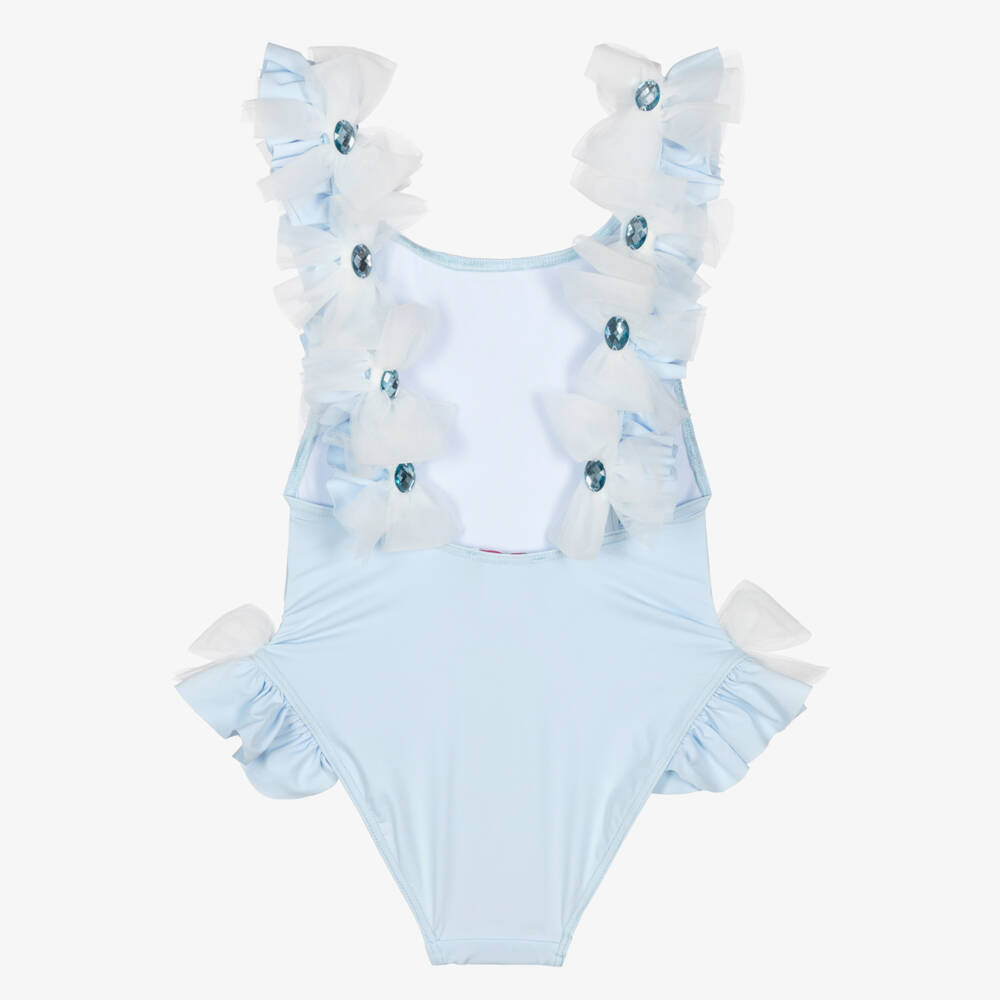 Selini Action-Girls Pale Blue Swimsuit with Tulle & Gemstone Bows | Childrensalon Outlet