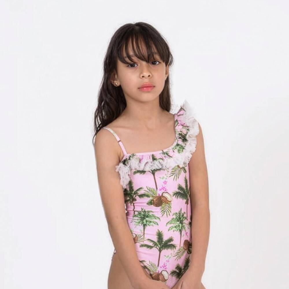 Selini Action-Girls Pale Pink Coconut Print Swimsuit with Ruffles | Childrensalon Outlet