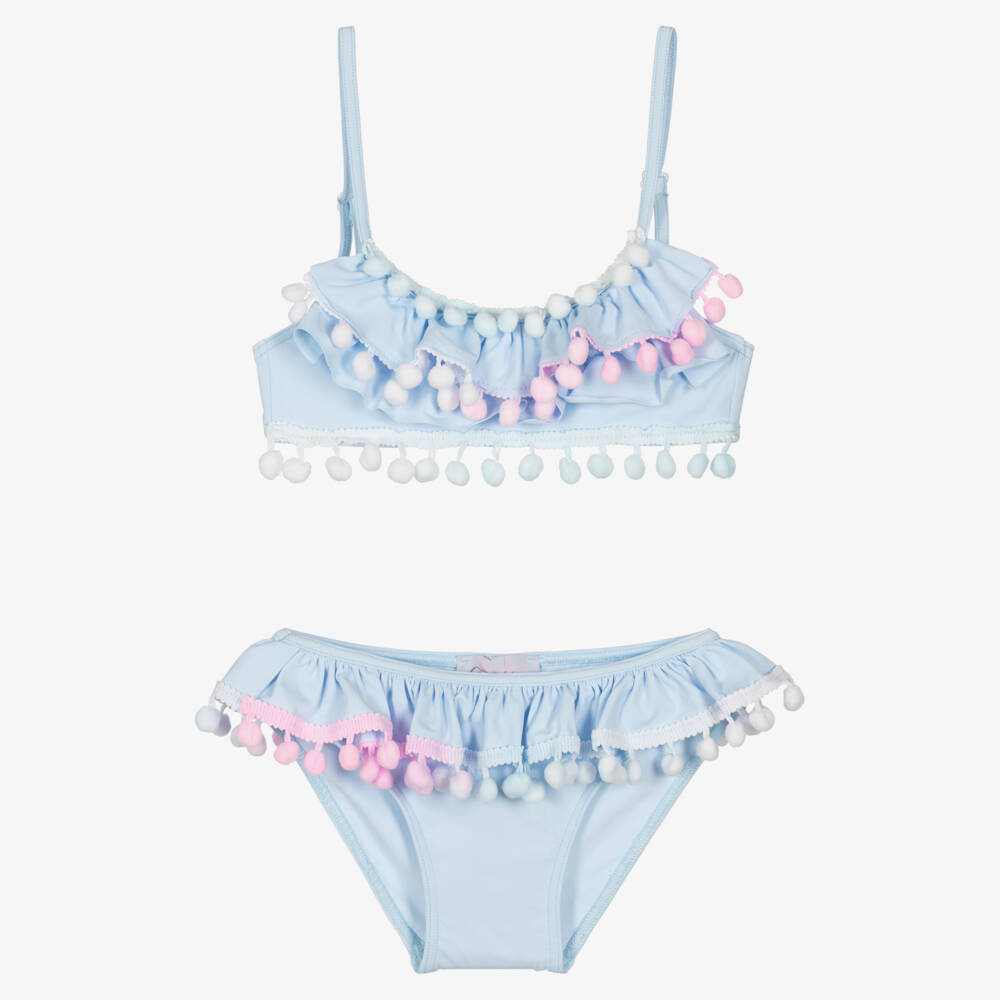 Selini Action-Girls Pastel Blue Bikini with Pom-Pom Trim | Childrensalon Outlet