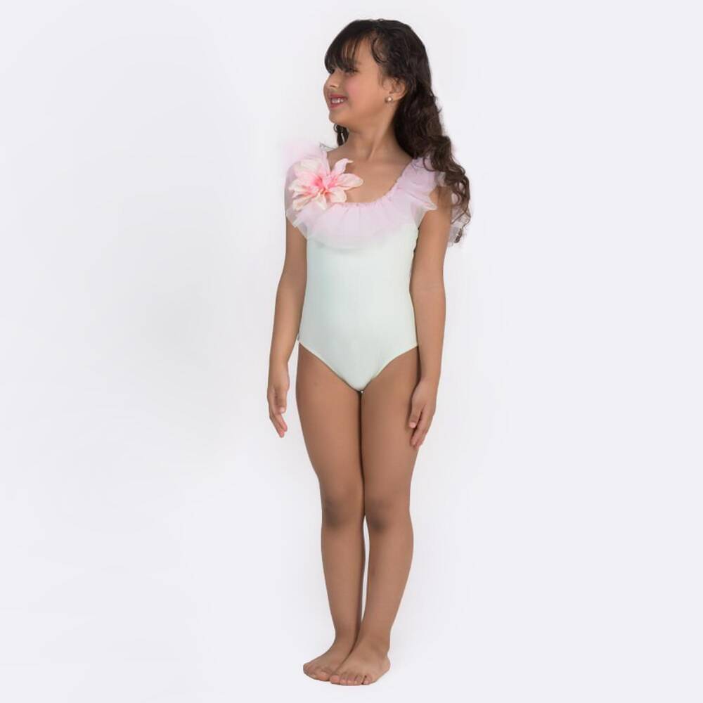 Selini Action-Girls Pastel Green Tulle Ruffle & Flower Swimsuit | Childrensalon Outlet
