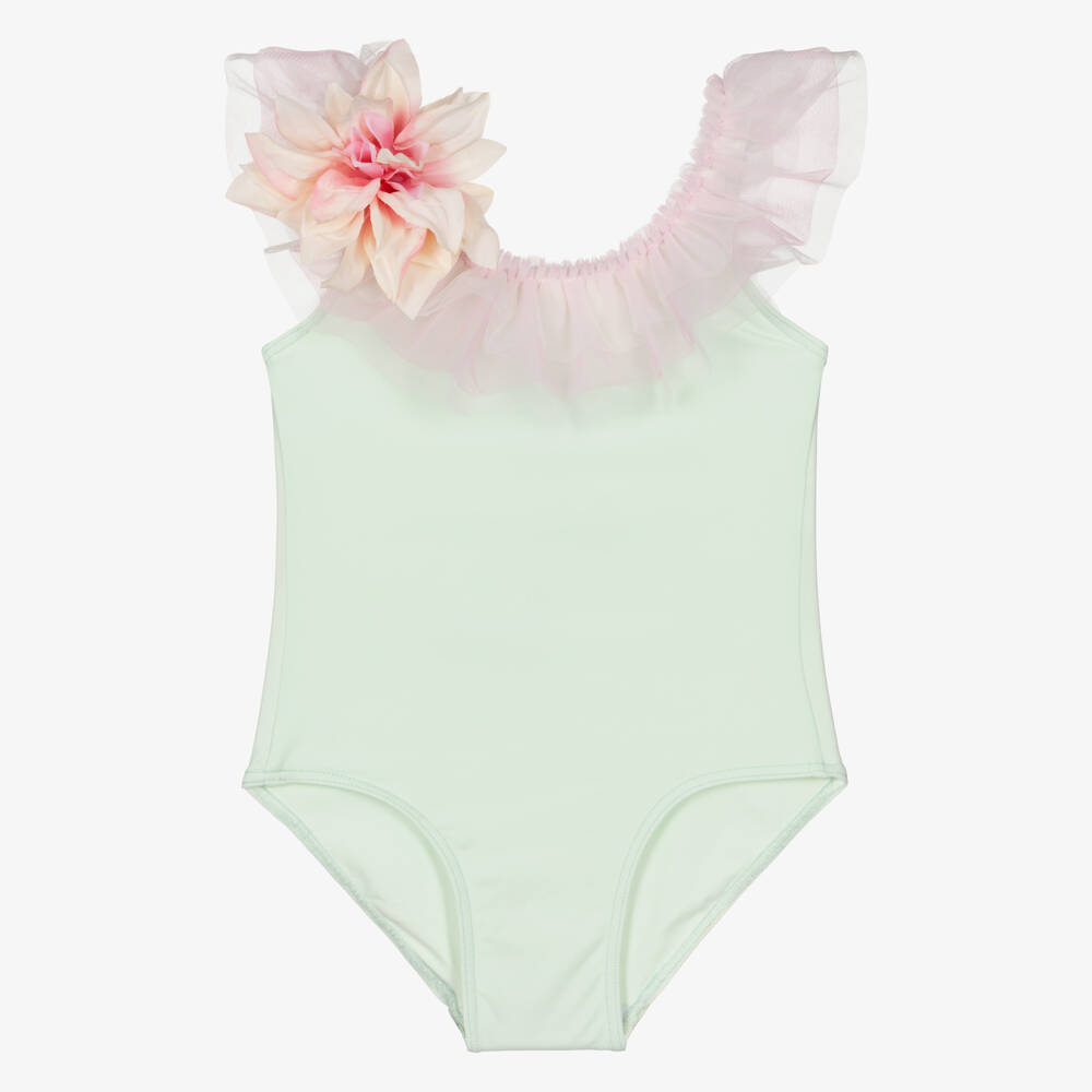 Selini Action-Girls Pastel Green Tulle Ruffle & Flower Swimsuit | Childrensalon Outlet