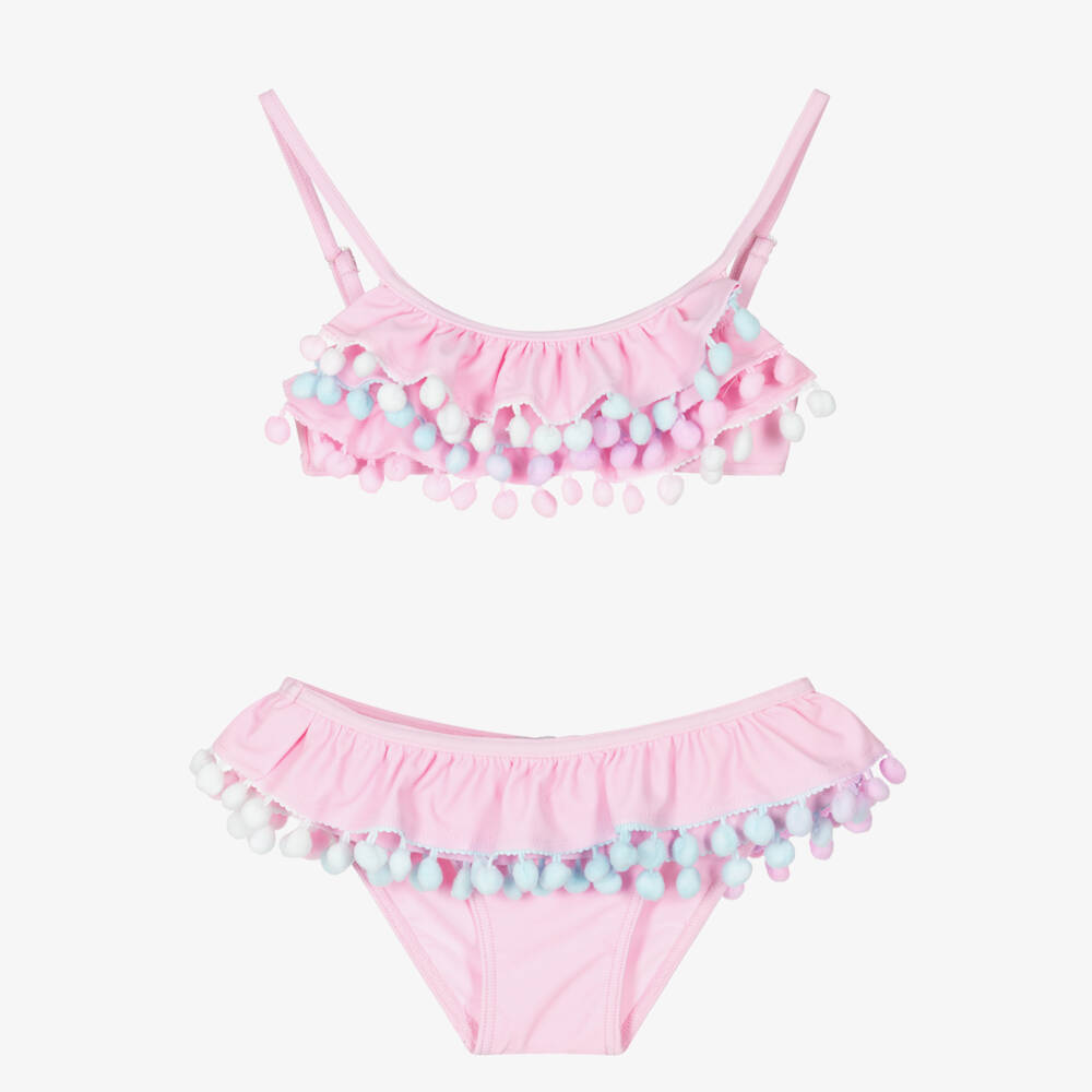 Selini Action-Girls Pastel Pink Bikini with Pom-Pom Trim | Childrensalon Outlet