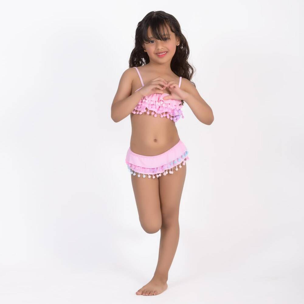 Selini Action-Girls Pastel Pink Bikini with Pom-Pom Trim | Childrensalon Outlet