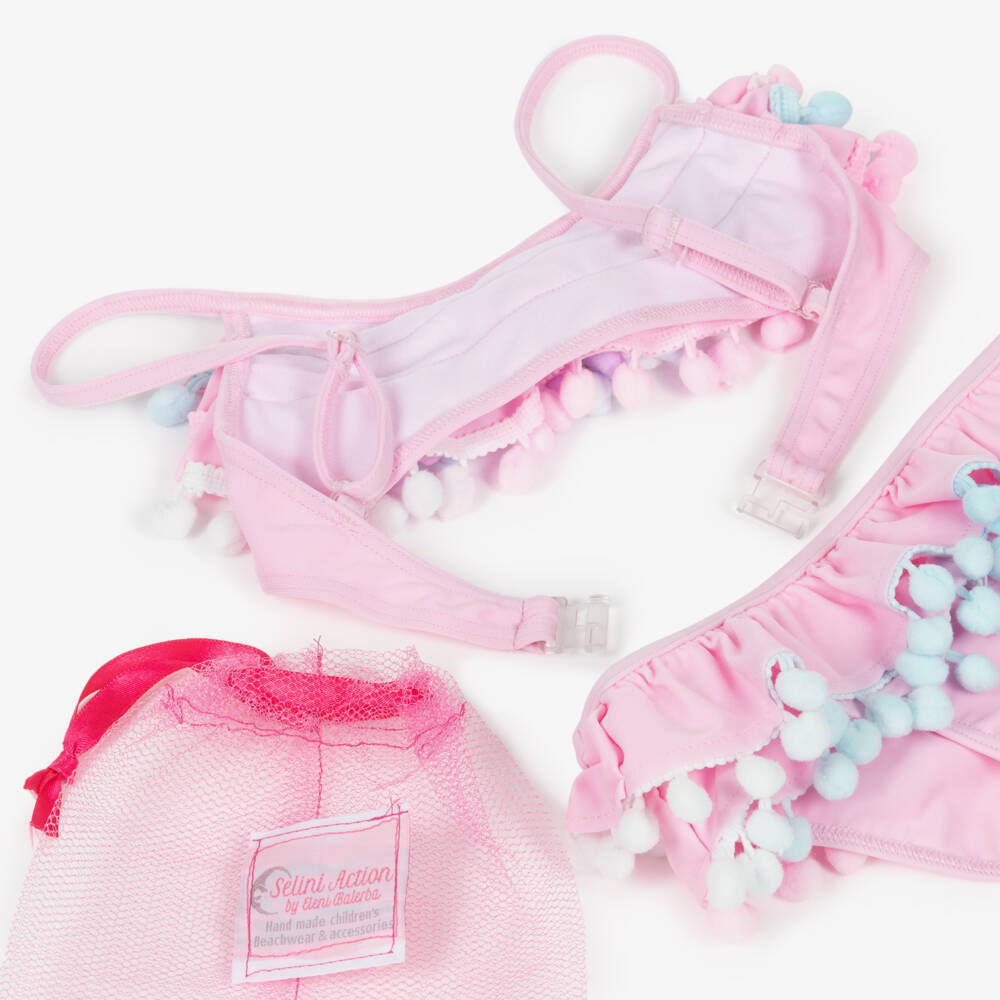 Selini Action-Girls Pastel Pink Bikini with Pom-Pom Trim | Childrensalon Outlet