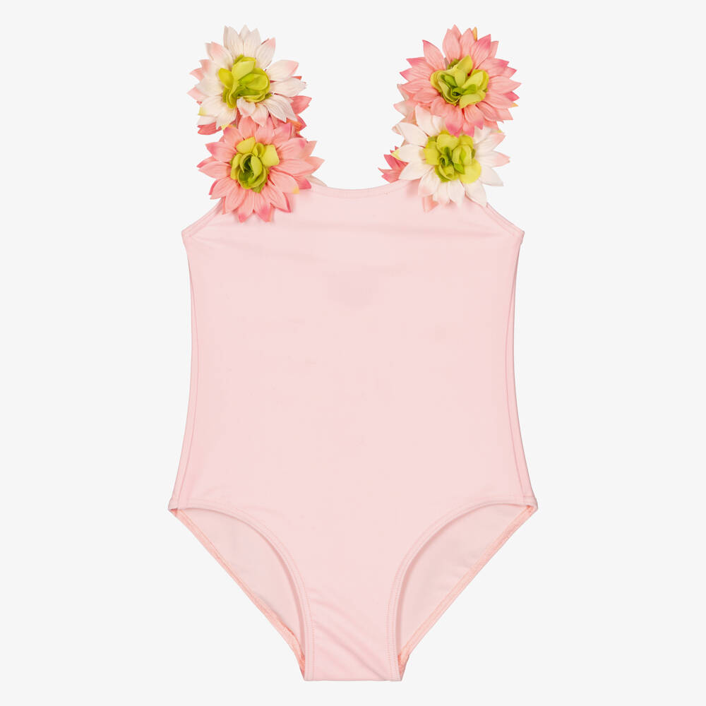 Selini Action-Girls Pastel Pink Swimsuit with Flower Trim | Childrensalon Outlet