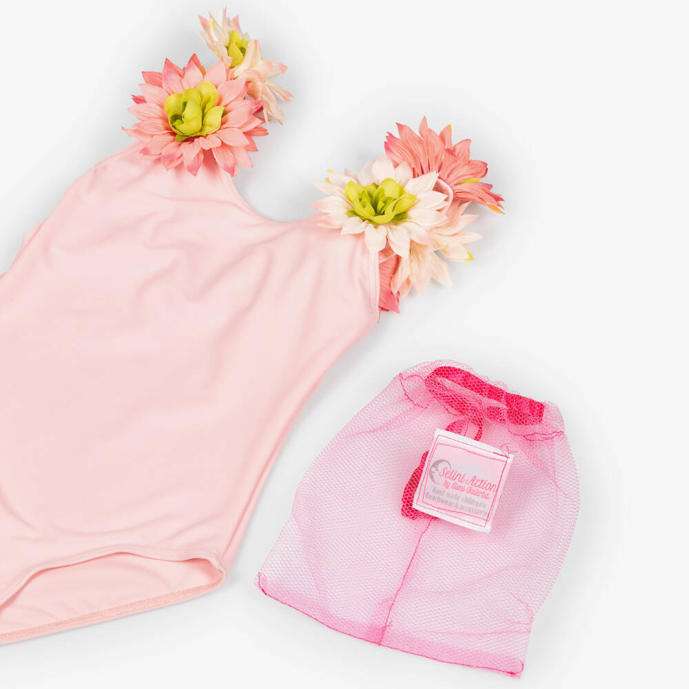 Selini Action-Girls Pastel Pink Swimsuit with Flower Trim | Childrensalon Outlet