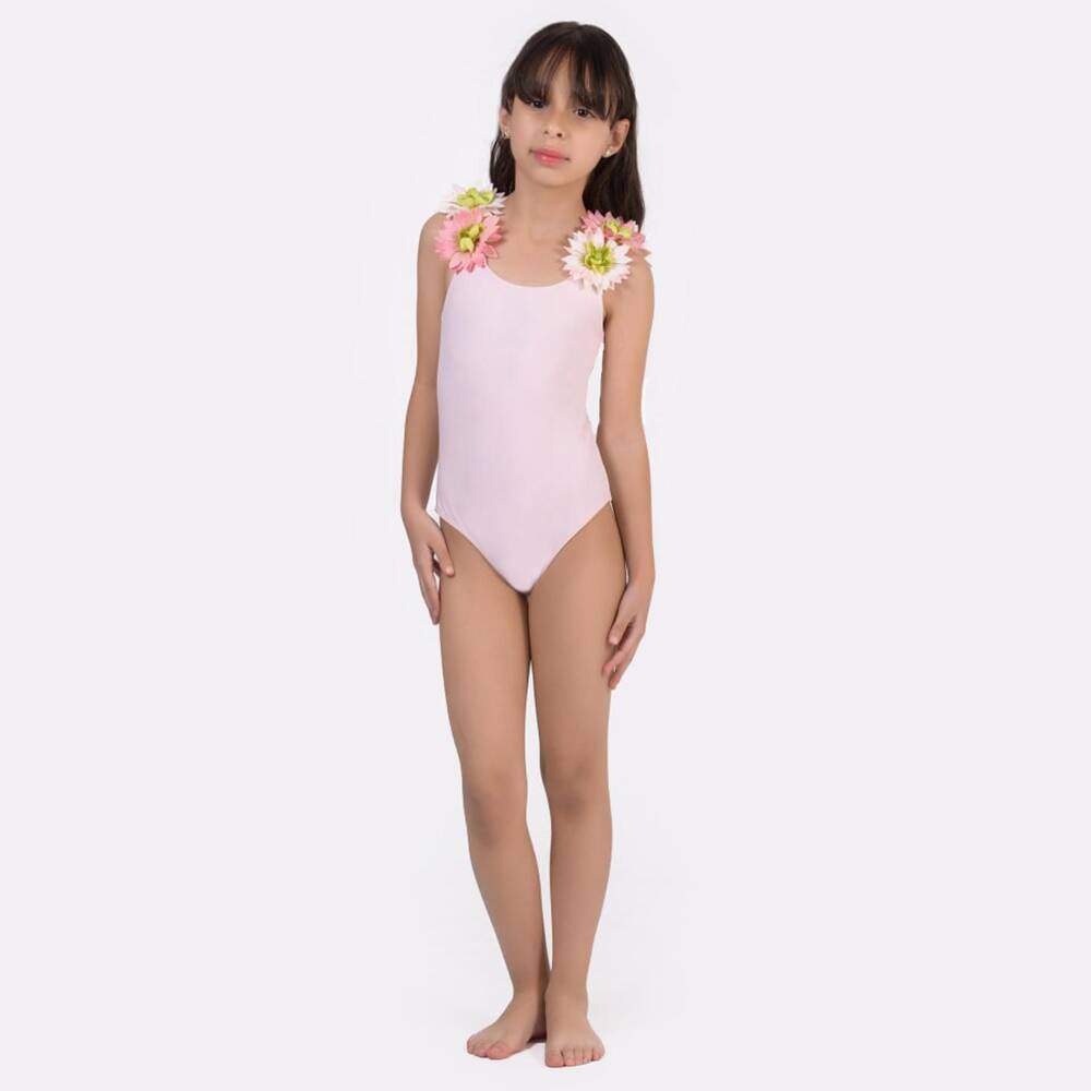 Selini Action-Girls Pastel Pink Swimsuit with Flower Trim | Childrensalon Outlet