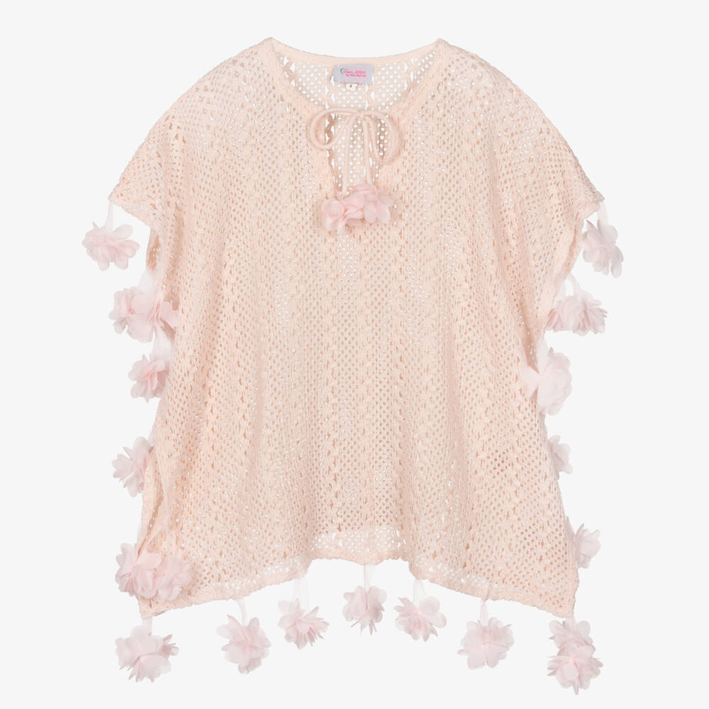 Selini Action-Girls Peach Pink Crochet Kaftan with Pink 3D Flowers | Childrensalon Outlet