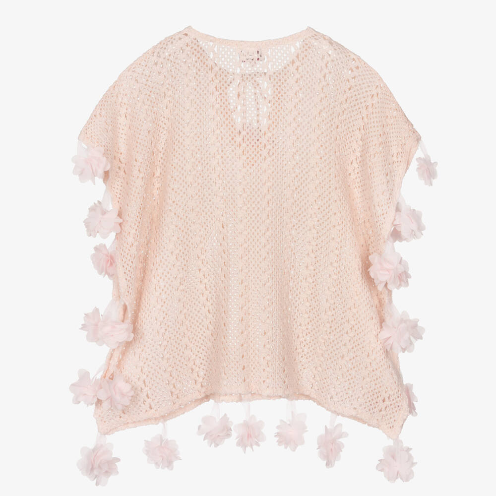 Selini Action-Girls Peach Pink Crochet Kaftan with Pink 3D Flowers | Childrensalon Outlet