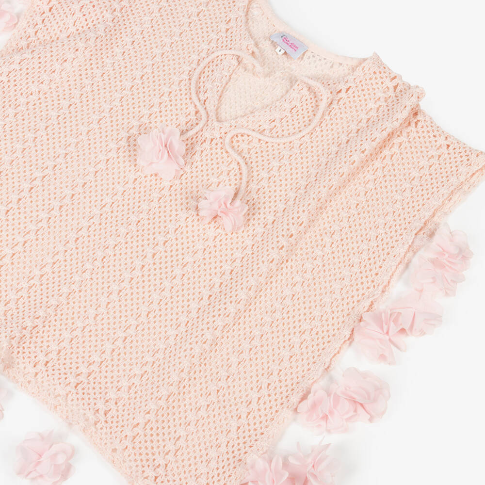 Selini Action-Girls Peach Pink Crochet Kaftan with Pink 3D Flowers | Childrensalon Outlet