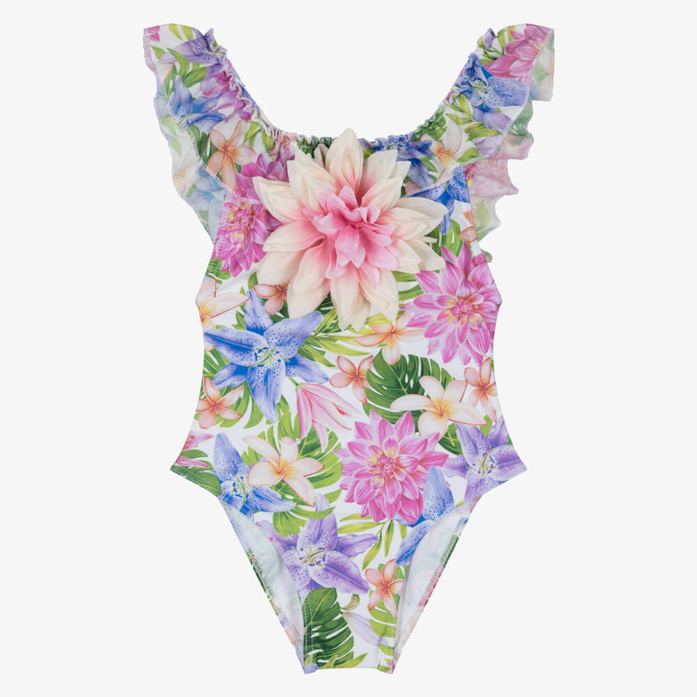 Selini Action-Girls Pink & Blue Floral Swimsuit with Ruffle Trim | Childrensalon Outlet