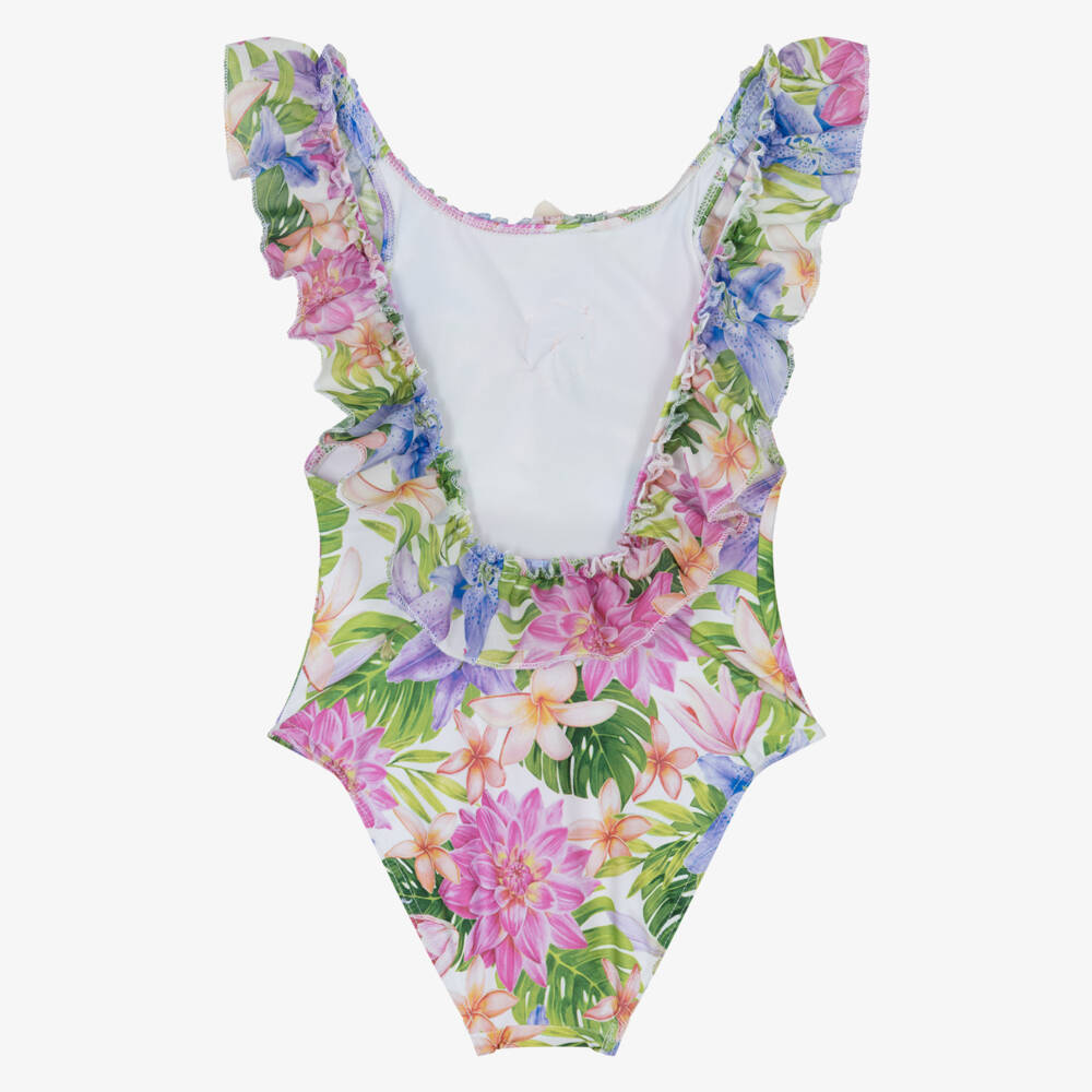 Selini Action-Girls Pink & Blue Floral Swimsuit with Ruffle Trim | Childrensalon Outlet